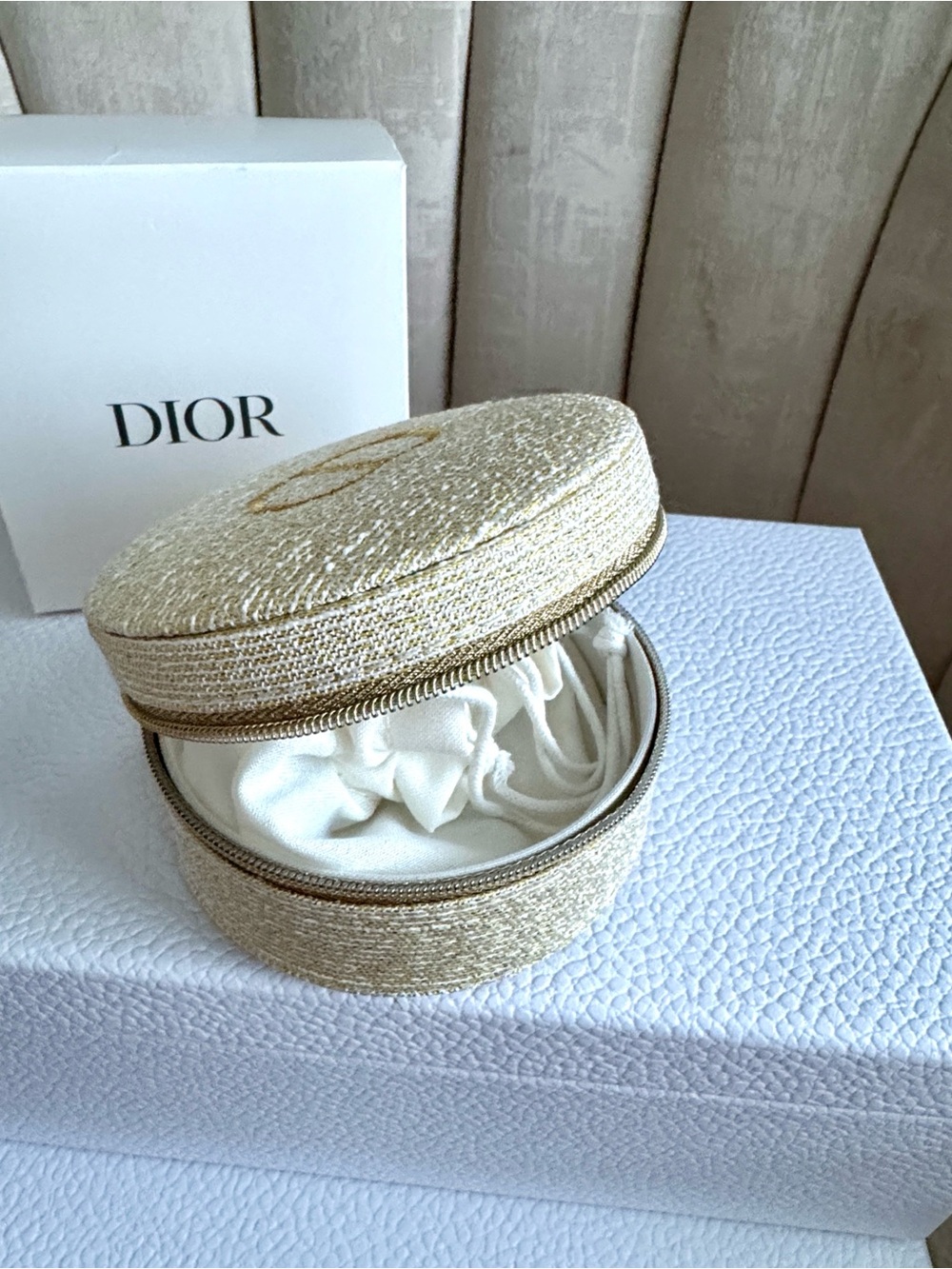 Dior Round Cream and Gold Tweed Cosmetic Case - Picture 2 of 6